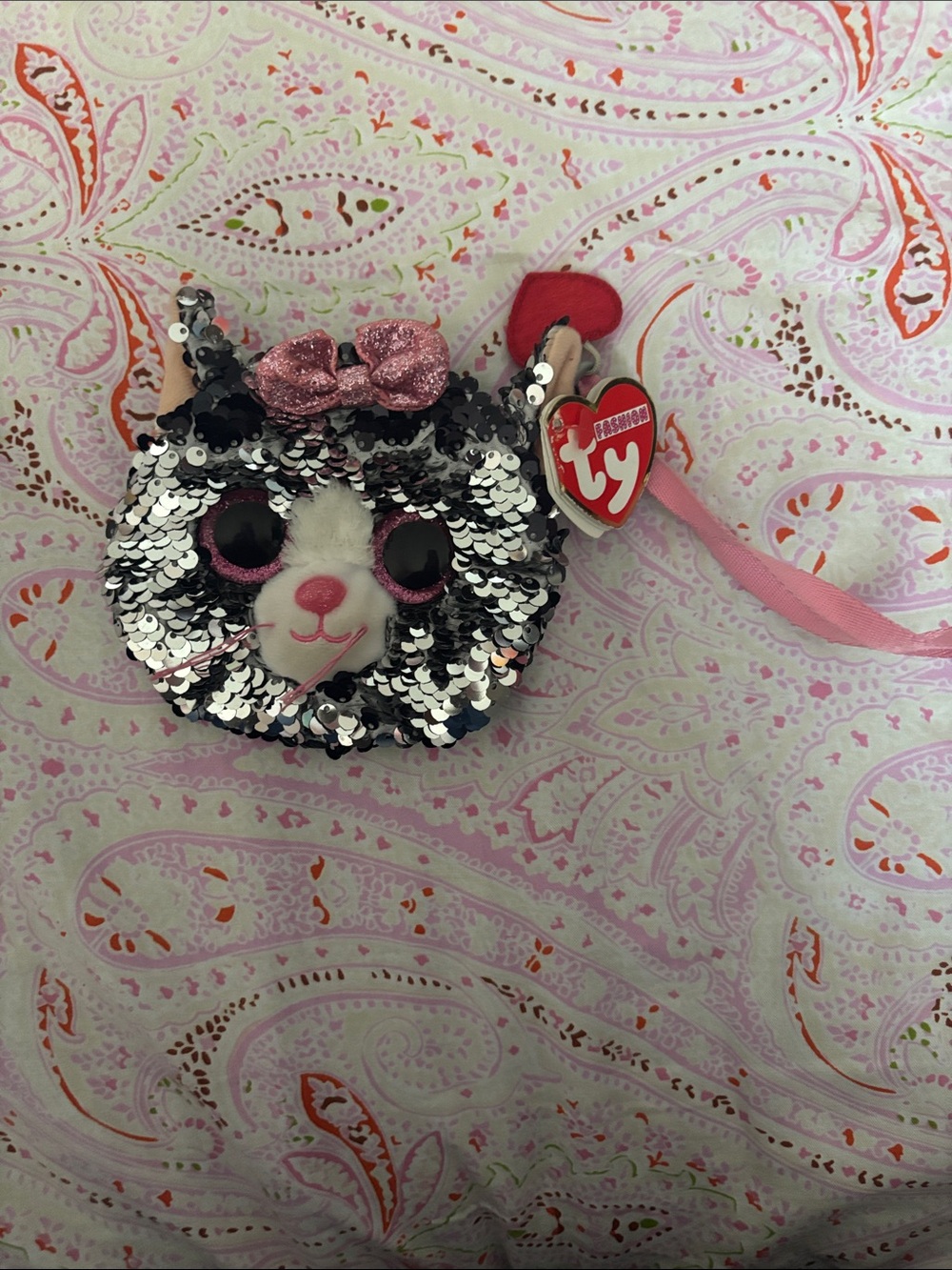 Ty Sequin Plush Animal Keychain Wristlet - Silver & Pink